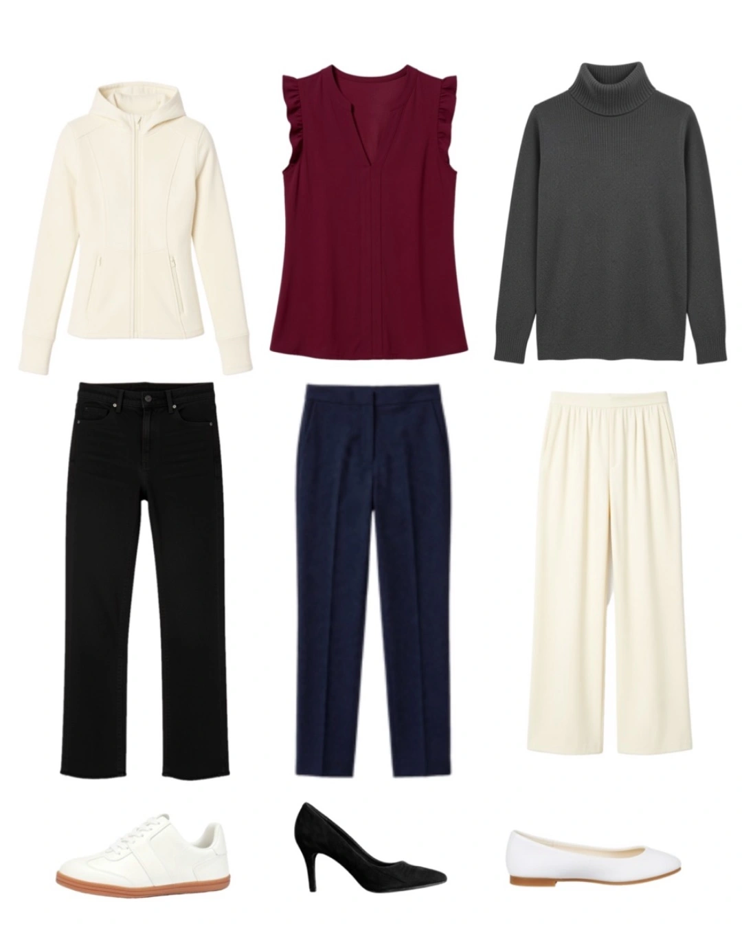 Neun Teile flach ausgelegt in drei Reihen: eine cremefarbene Zip-Jacke, ein ärmelloses Oberteil in Burgund und ein anthrazitfarbener Rollkragenpullover; eine schwarze Jeans mit geradem Bein, eine marineblaue Stoffhose und eine cremefarbene weite Hose; weiße Sneaker, schwarze Pumps und weiße Ballerinas