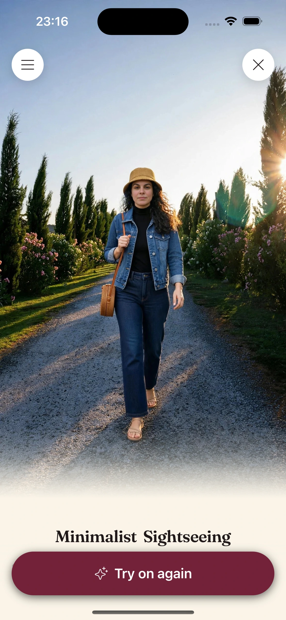 Ein Muse-Look mit dem Titel „Minimalist Sightseeing“ (Jeansjacke, schwarzer Rollkragenpullover, dunkle Jeans mit geradem Bein, geflochtener Fischerhut, runde Rattantasche, flache Sandalen), mit der virtuellen Anprobe auf dem eigenen Foto gerendert
