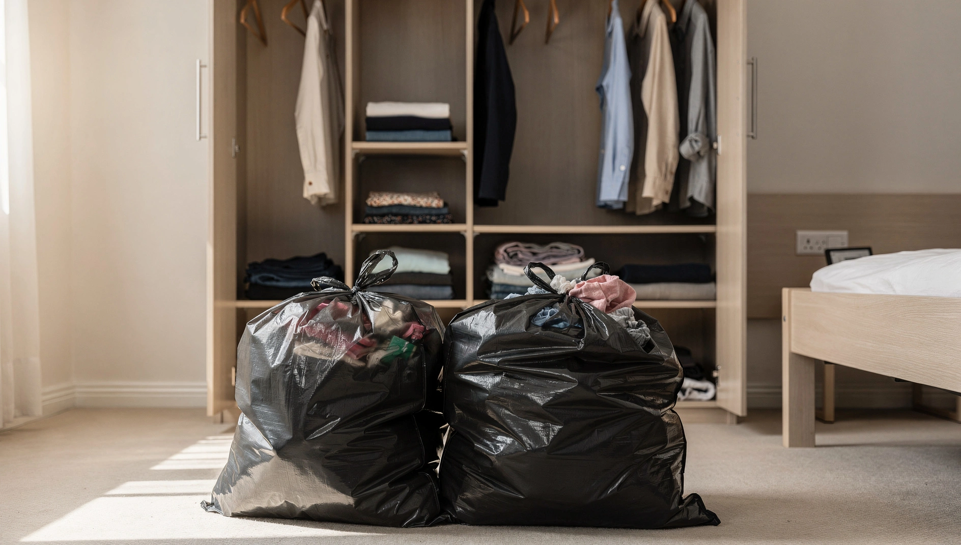 Two bin bags of donated clothes after the closet purge