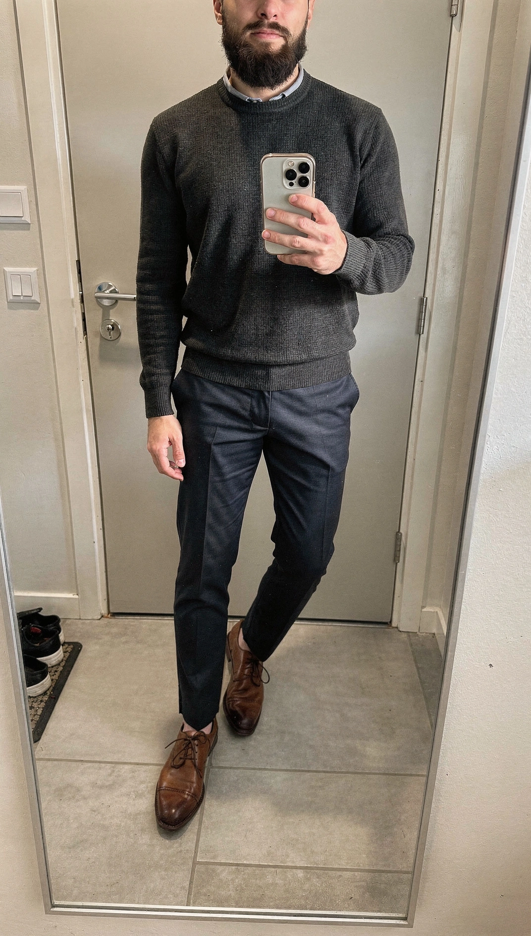 Dressed and out the door in 90 seconds — navy chinos, merino, and Camel Actives