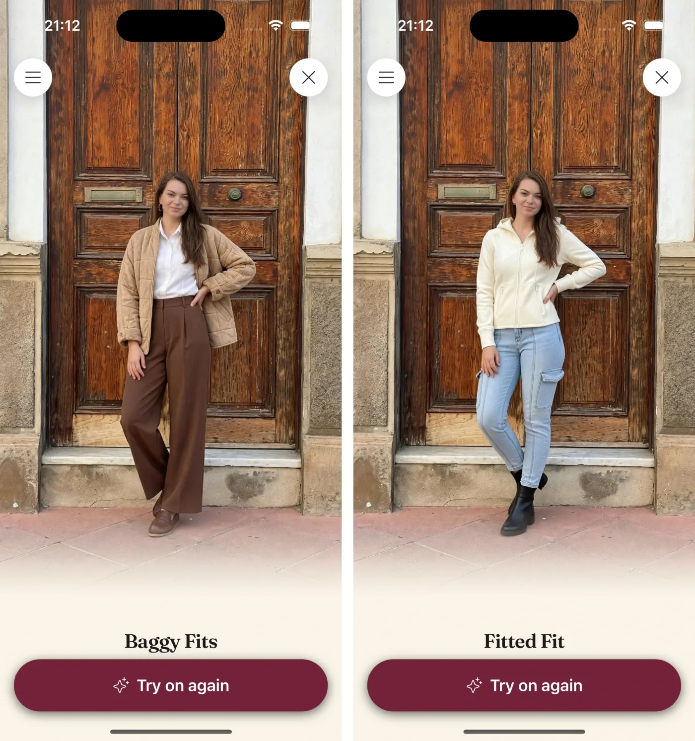 Two virtual try-on renders of the same woman in front of a wooden door: a boxy quilted camel jacket over a white shirt and wide brown trousers, then a fitted cream zip jacket with slim light-wash jeans and black ankle boots