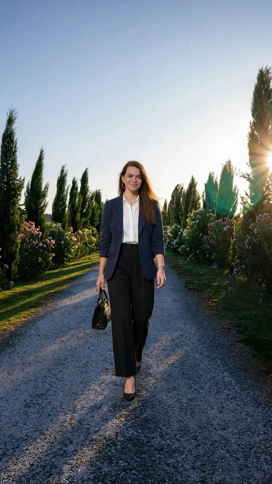 The same outfit with the white shirt tucked into the trousers, so the waist shows