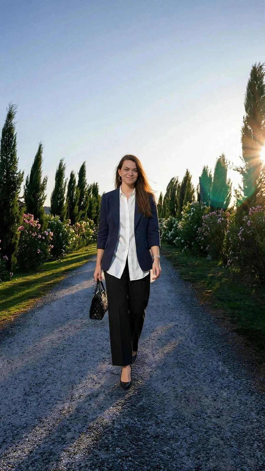 A woman in a navy blazer and black wide-leg trousers with her white shirt worn untucked, walking down a cypress-lined path