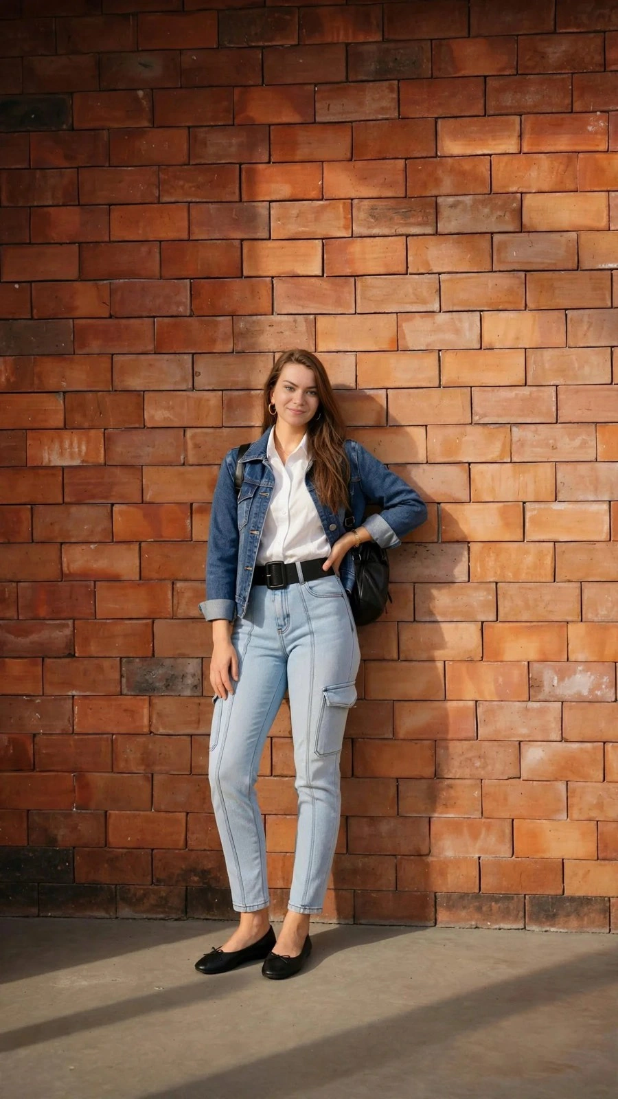 The same outfit with black ballet flats instead of the loafers and a black bag on her shoulder