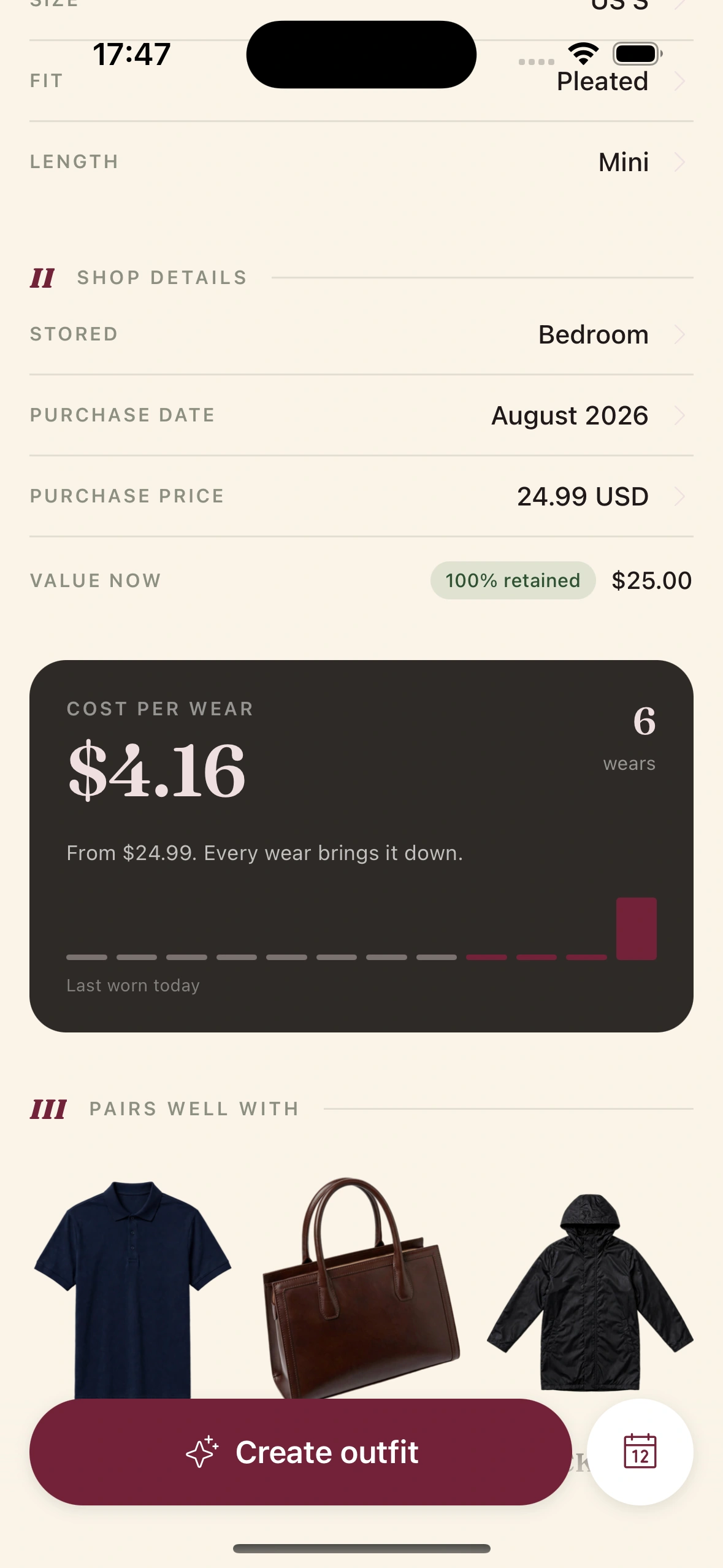 The Clottr wardrobe grid with per-item wear and cost-per-wear analytics