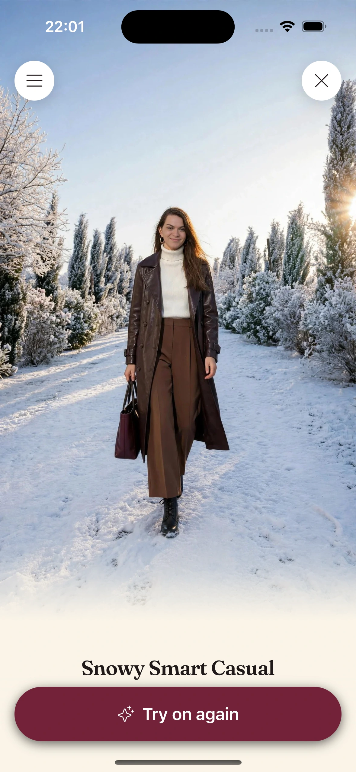 A virtual try-on render for a snowy day: a long brown leather coat over a cream turtleneck, wide brown trousers and black lace-up boots, on a snow-covered path