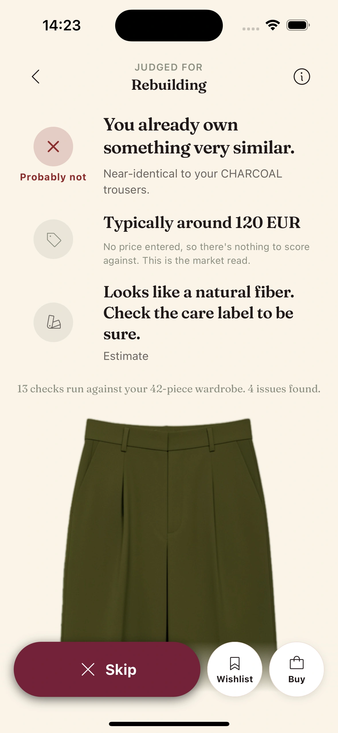 The duplicate check showing nearest wardrobe items