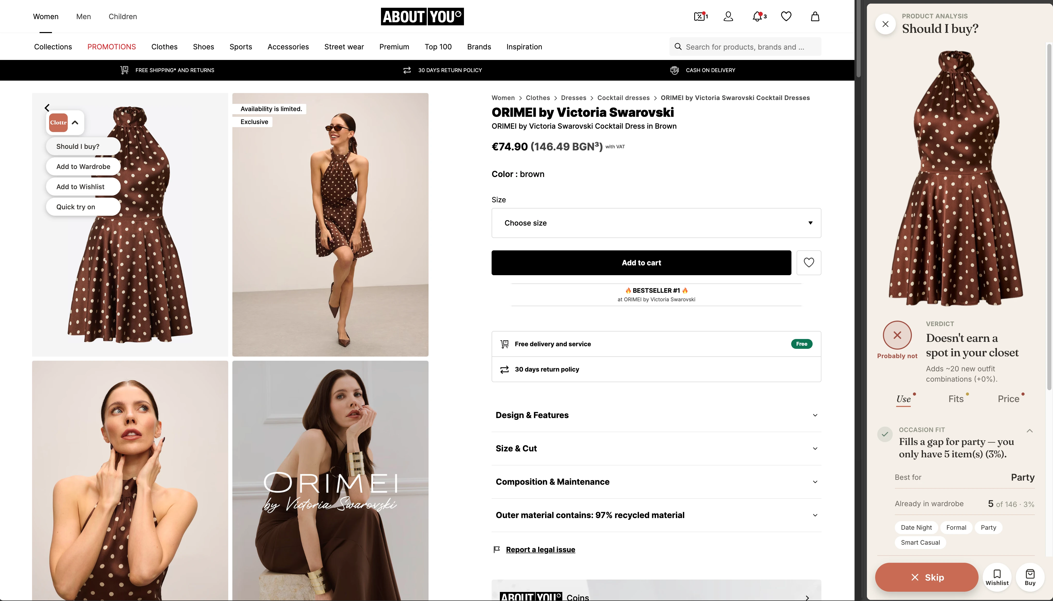 Clottr browser extension analyzing a product on an online store before purchase