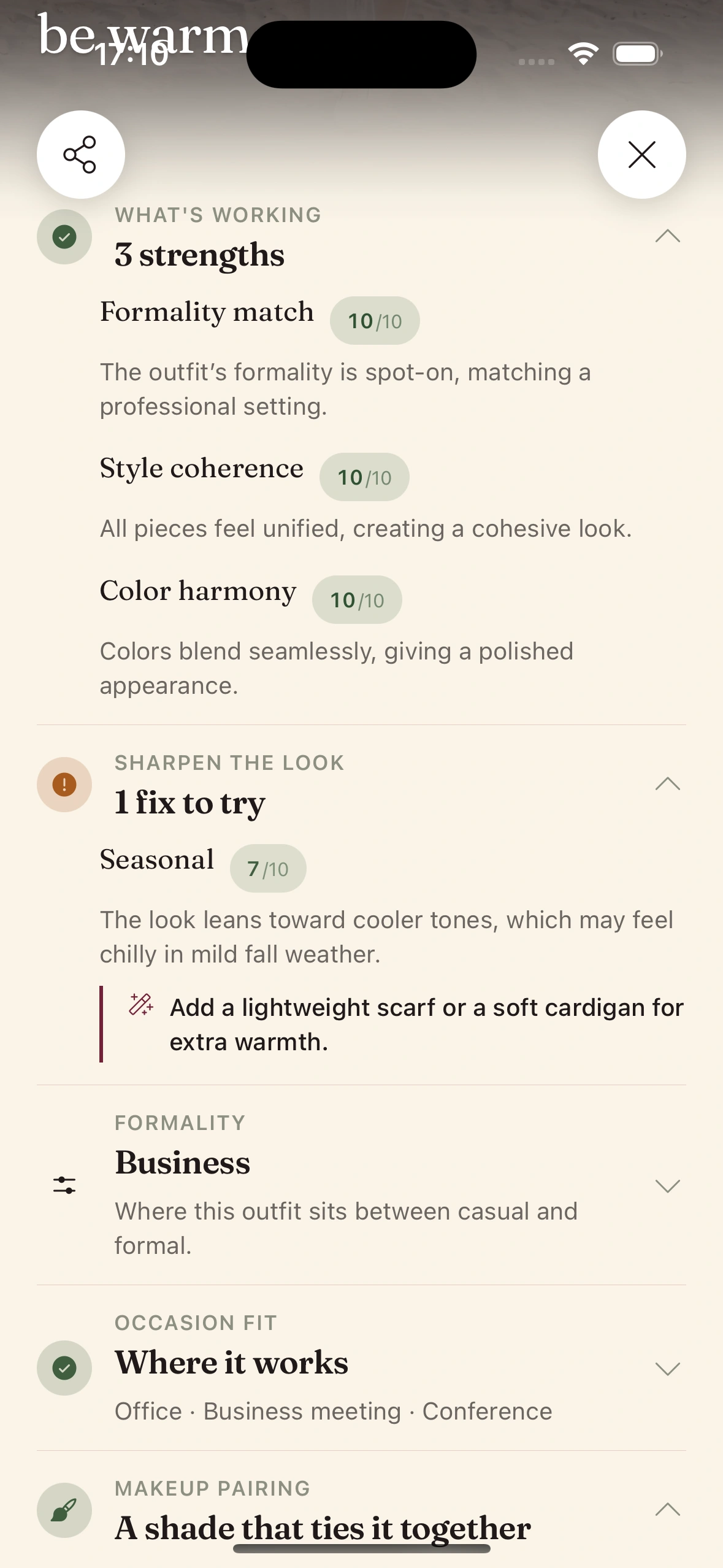 An outfit scored across seven named style dimensions in the Clottr app