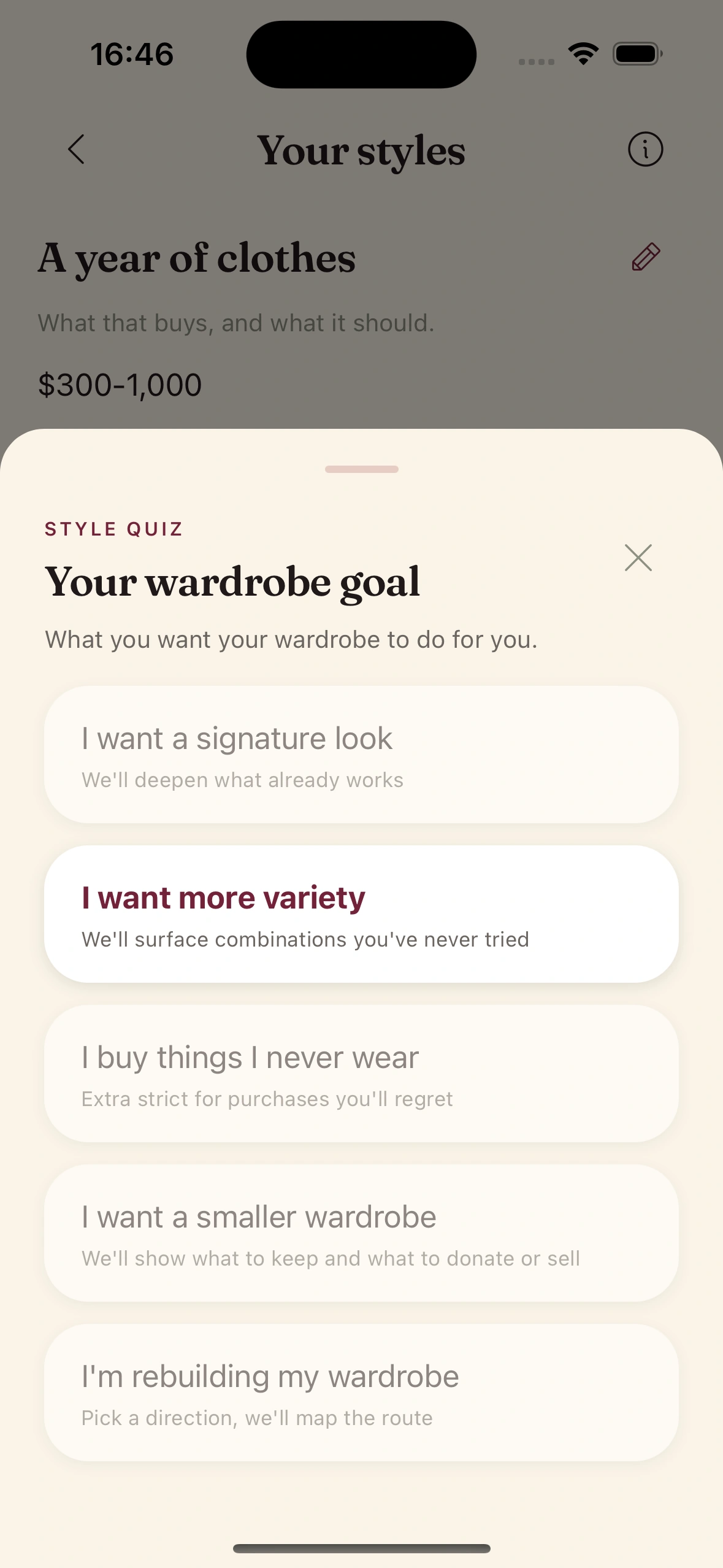 Setting a wardrobe style goal and reviewing style-profile dimensions in Clottr