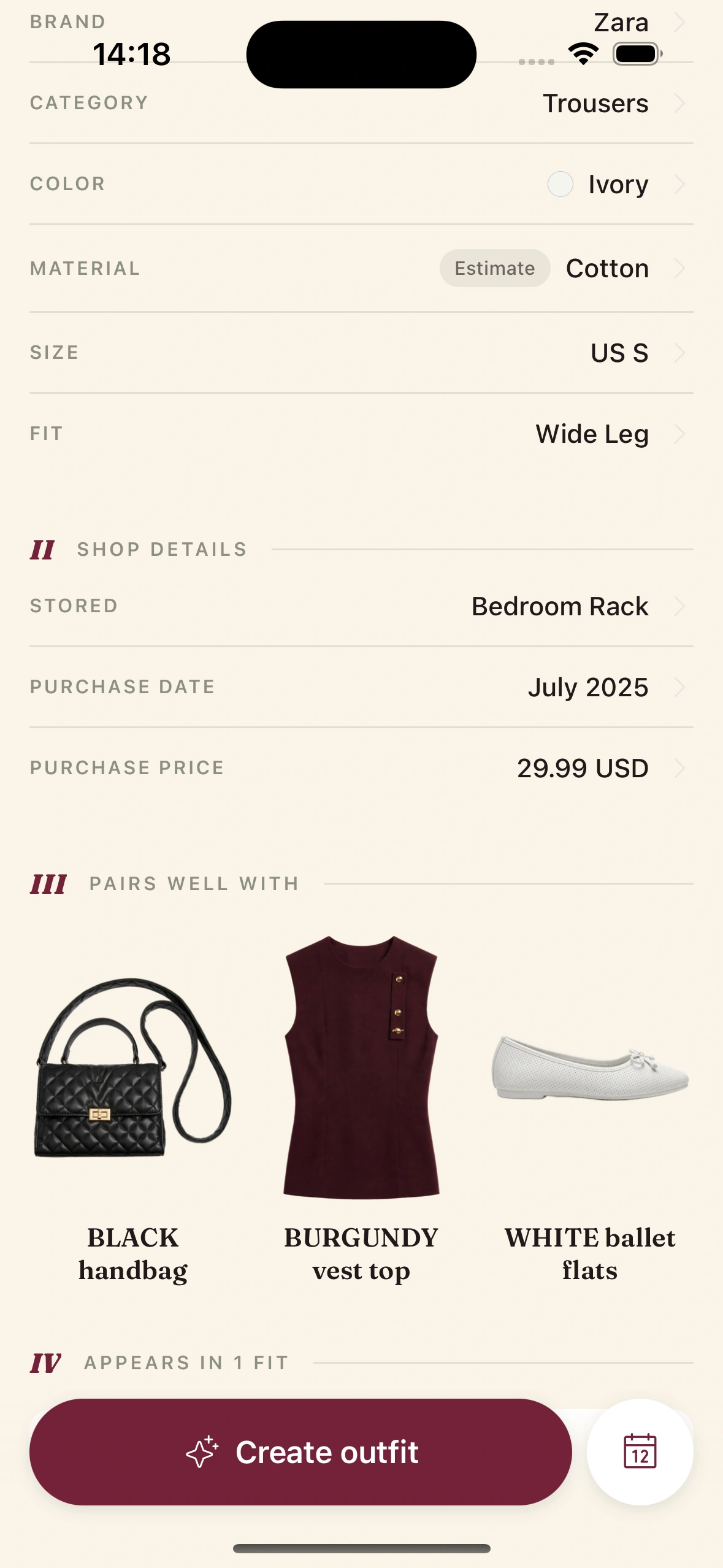A wardrobe item auto-tagged with category, color, material, and formality