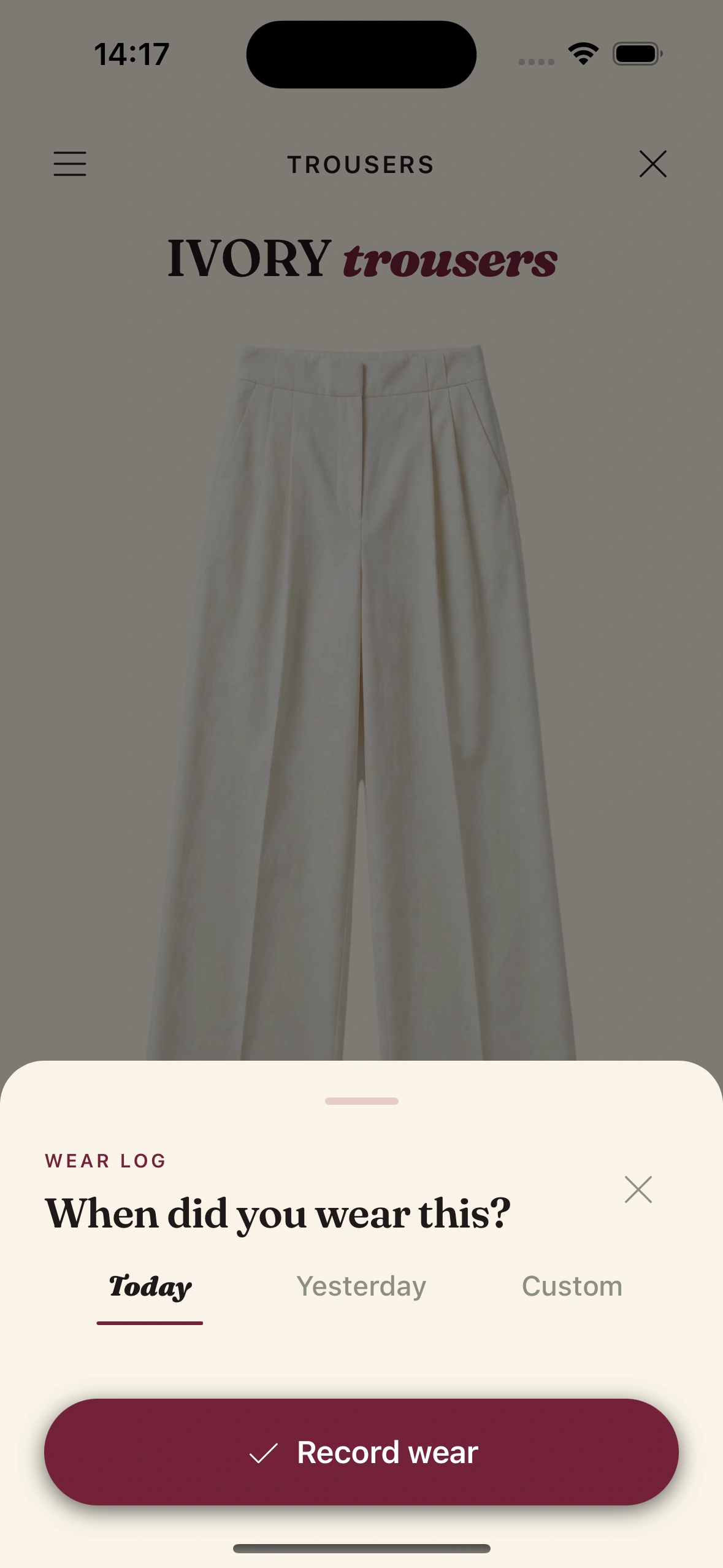 Logging a wear and viewing cost-per-wear analytics for a wardrobe item