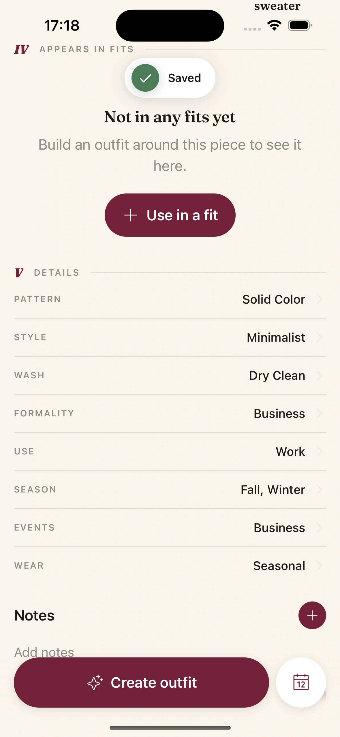 An imported garment auto-tagged with category, color, material, and formality