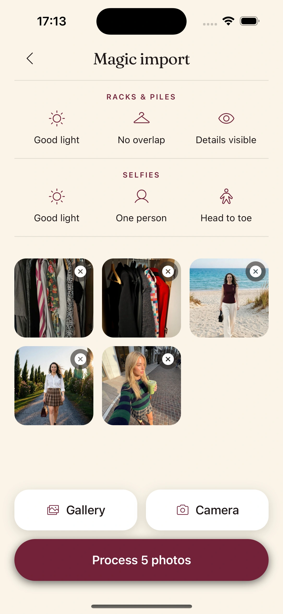 Photographing a rack of clothes with the Clottr camera to import the whole wardrobe