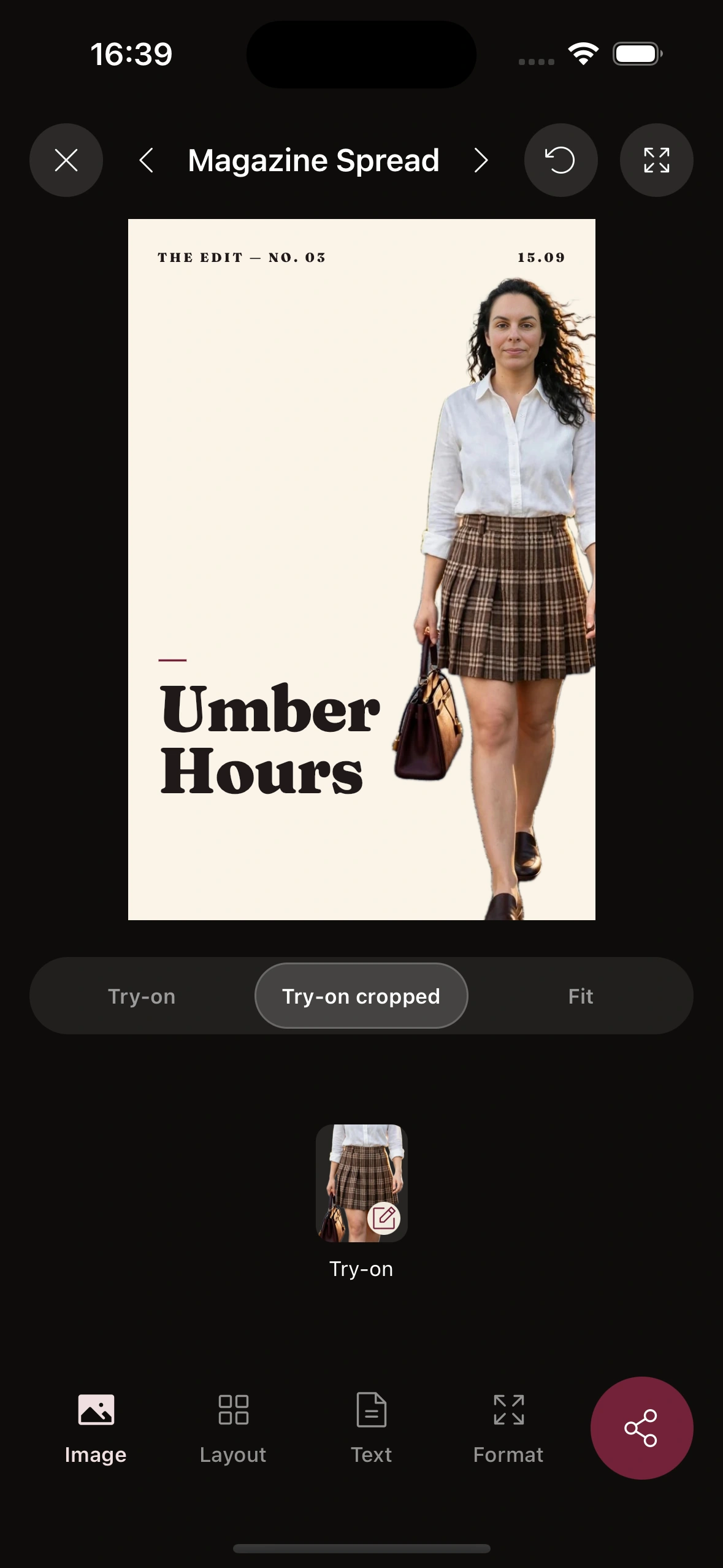 Composing an outfit card from a template on the Clottr Studio canvas