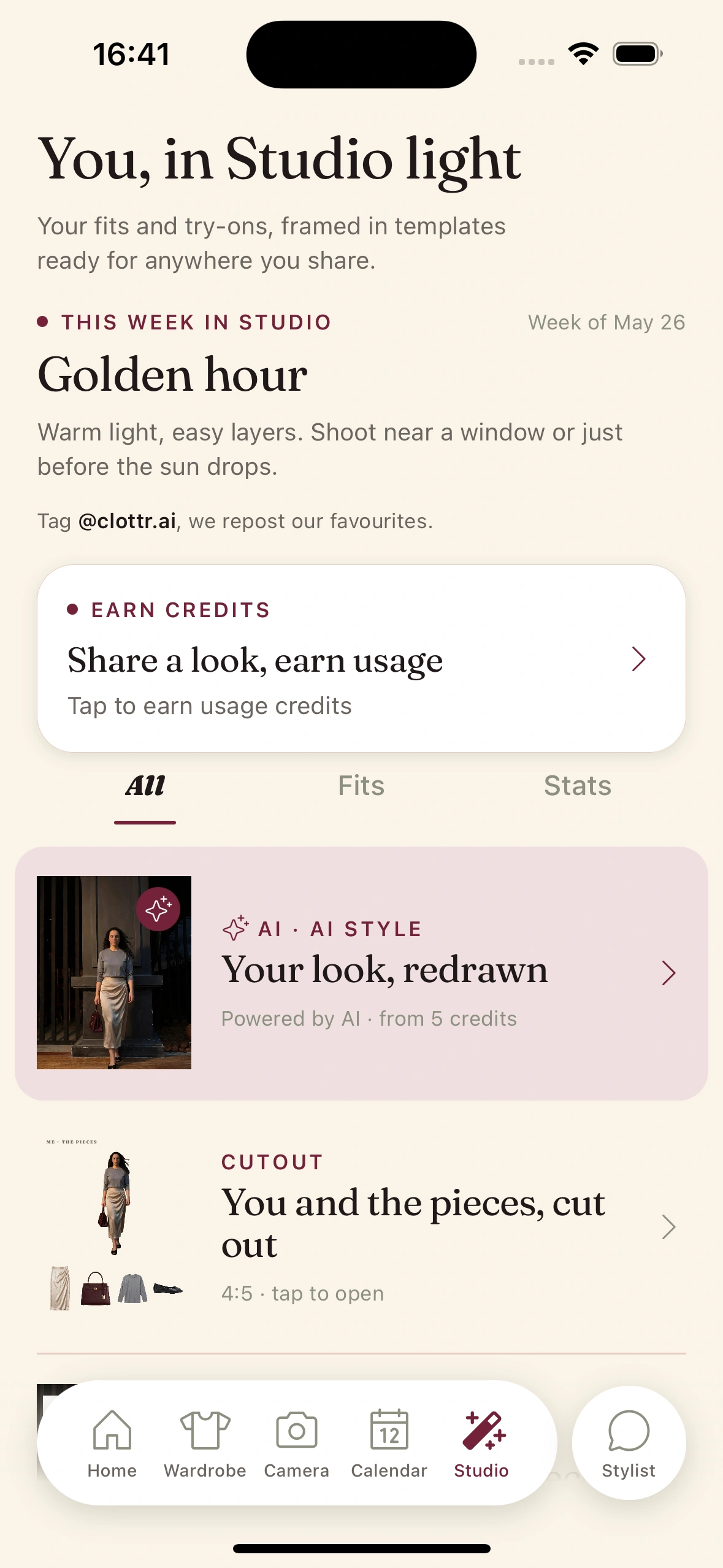 The Clottr Studio canvas with an outfit laid out on a template