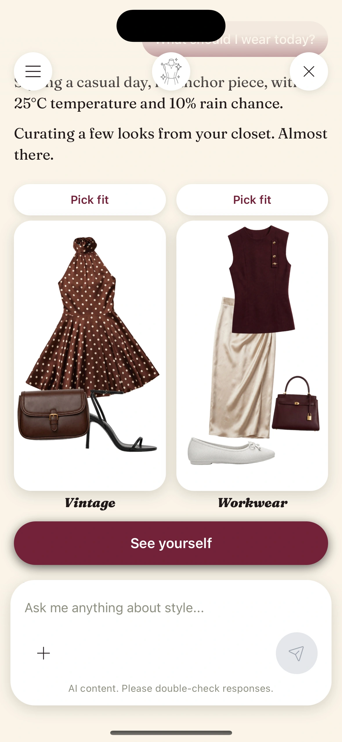 Style Chat suggesting an outfit and rendering it on the user