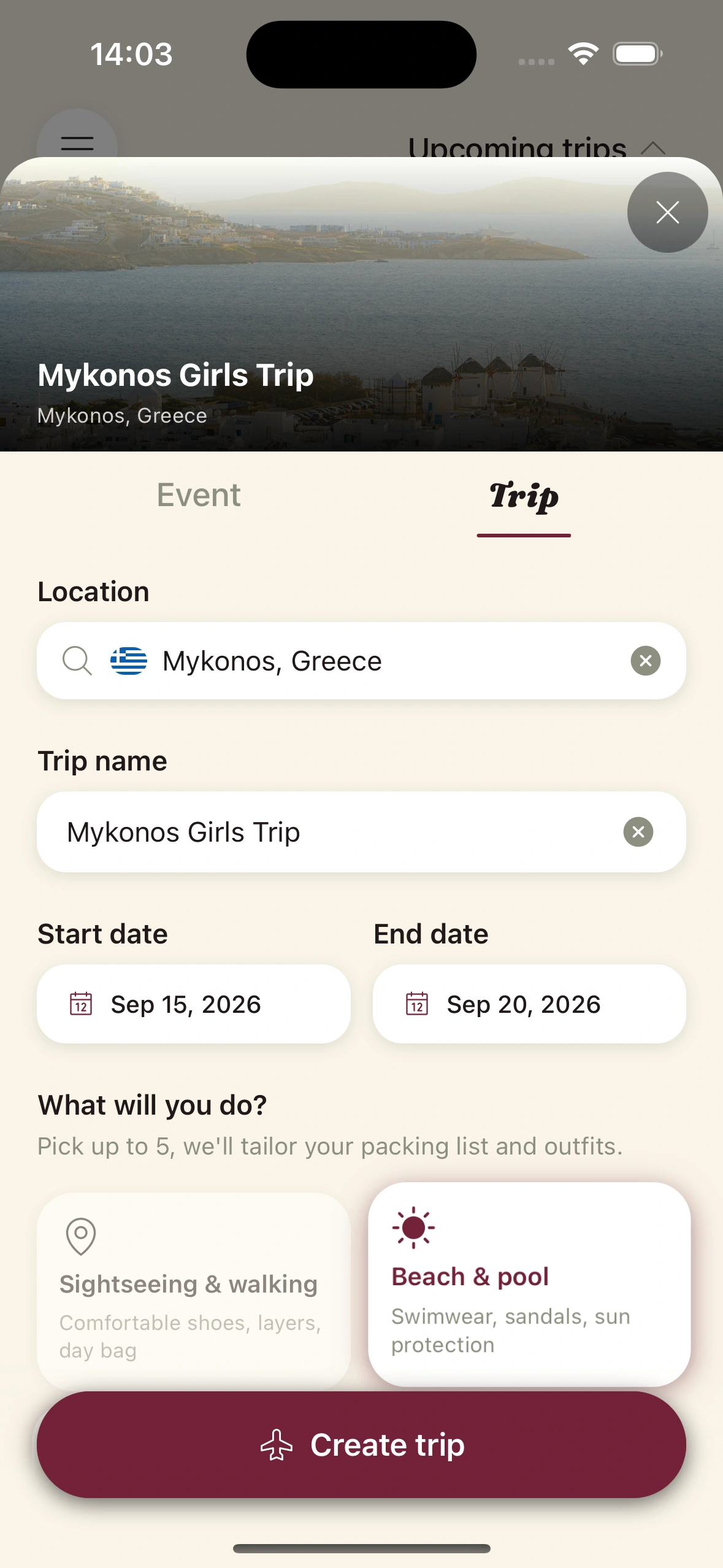 Creating a trip in Clottr by entering destination, dates, and planned activities