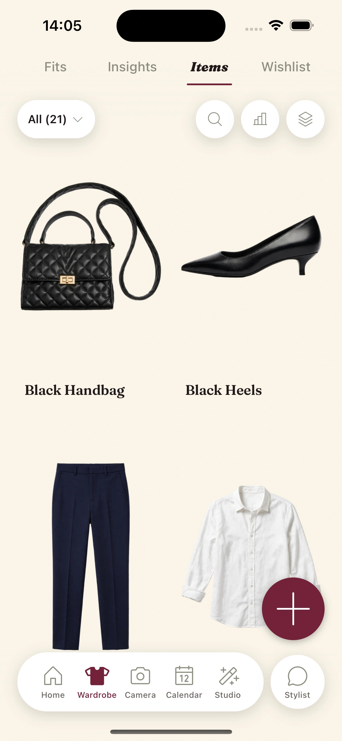 The Clottr digital wardrobe showing a grid of clean garment cutouts
