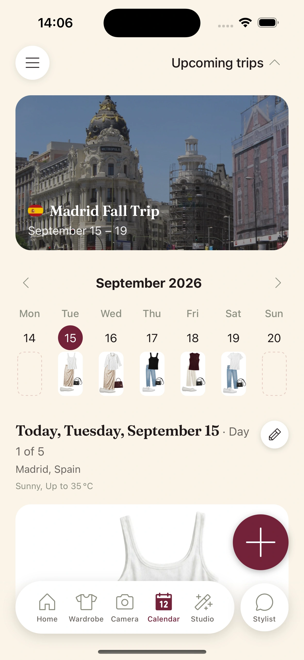 A trip calendar showing the daily weather forecast used to plan each outfit